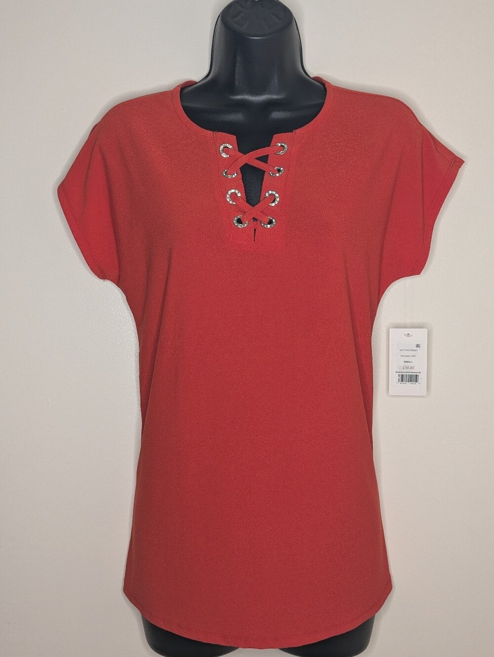 89th + Madison Red Lace Up Rhinestone Grommet Crepe Blouse Top Small NWT